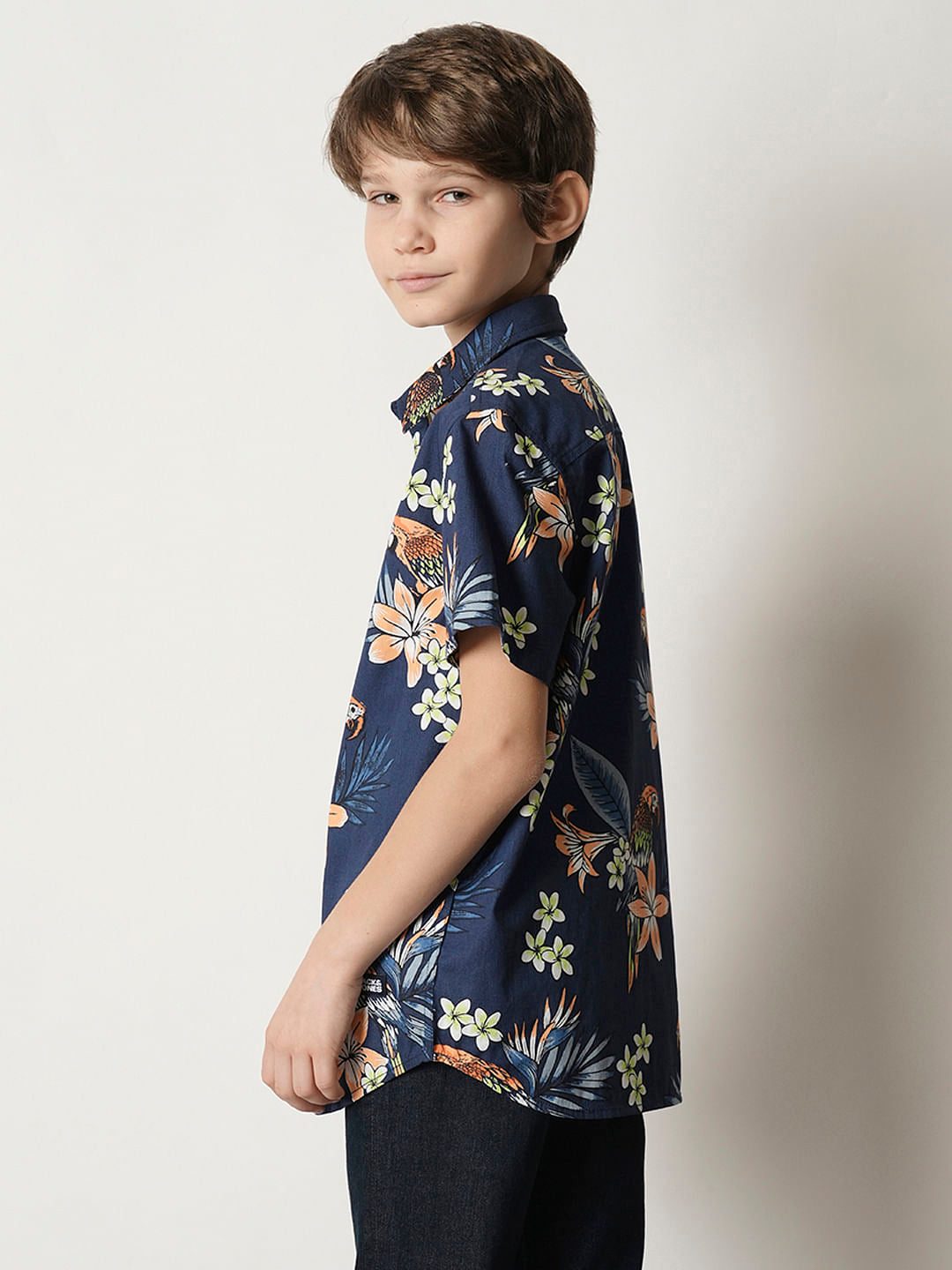 Boys Navy Blue Floral Cotton Shirt