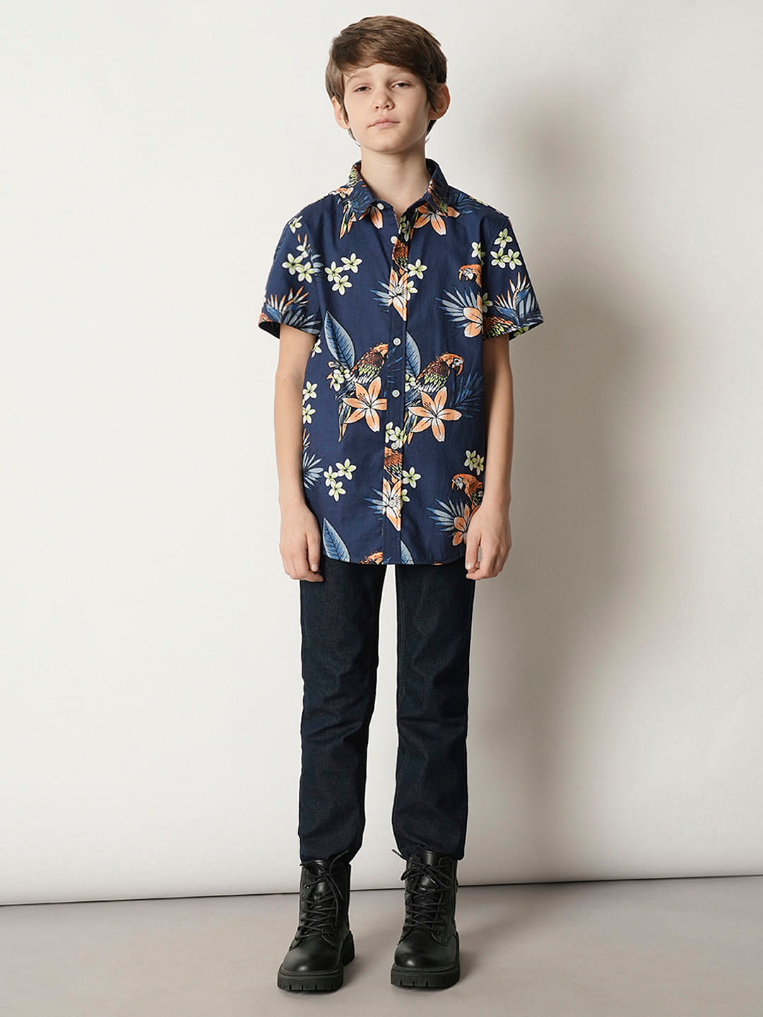 Boys Navy Blue Floral Cotton Shirt