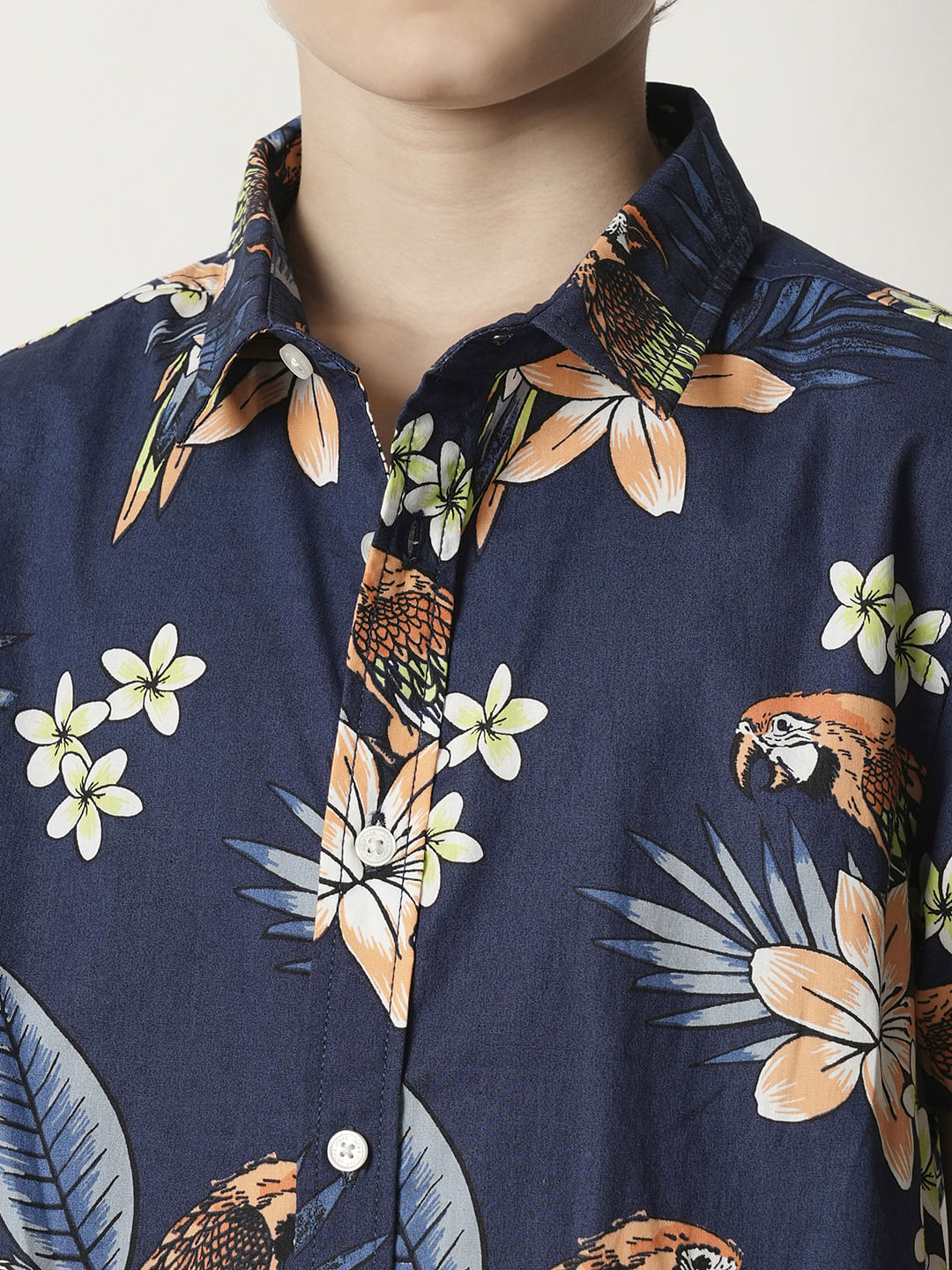 Boys Navy Blue Floral Cotton Shirt