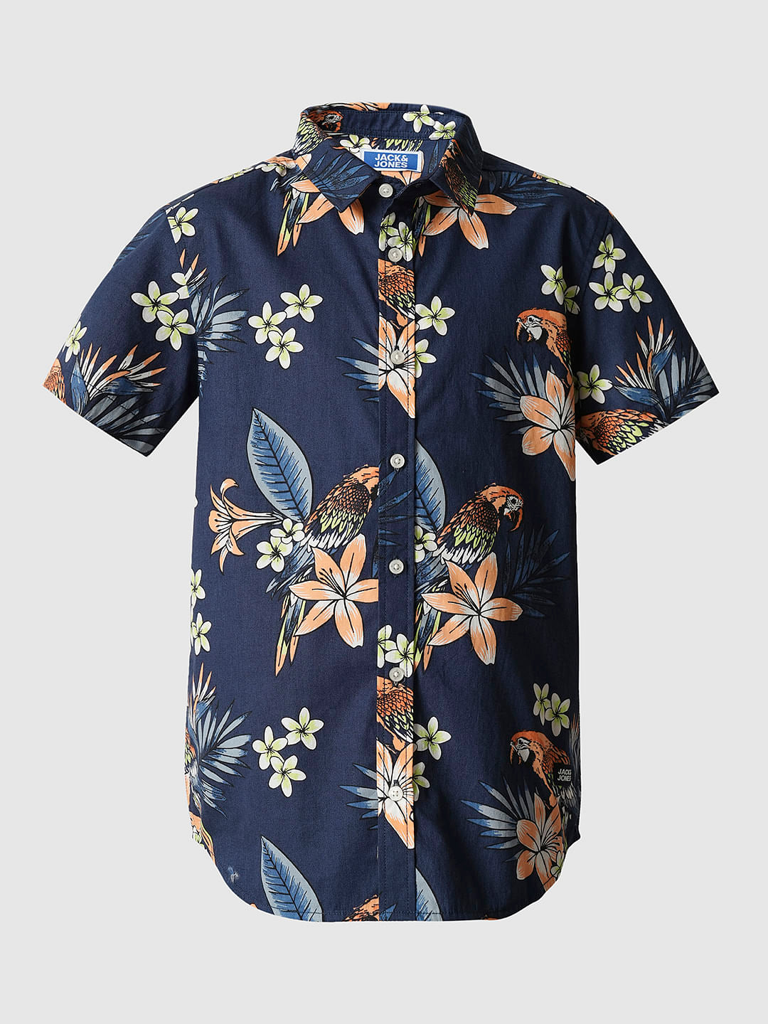 Boys Navy Blue Floral Cotton Shirt