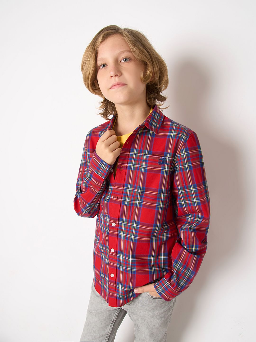 Boys Red Check Full Sleeves Shirt