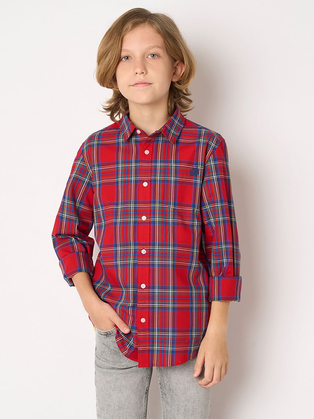 Boys Red Check Full Sleeves Shirt