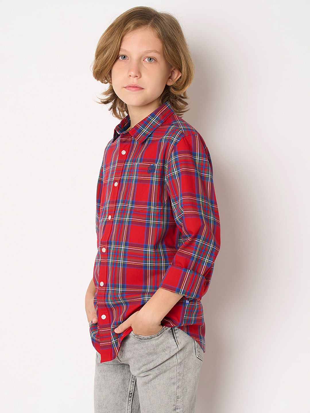 Boys Red Check Full Sleeves Shirt