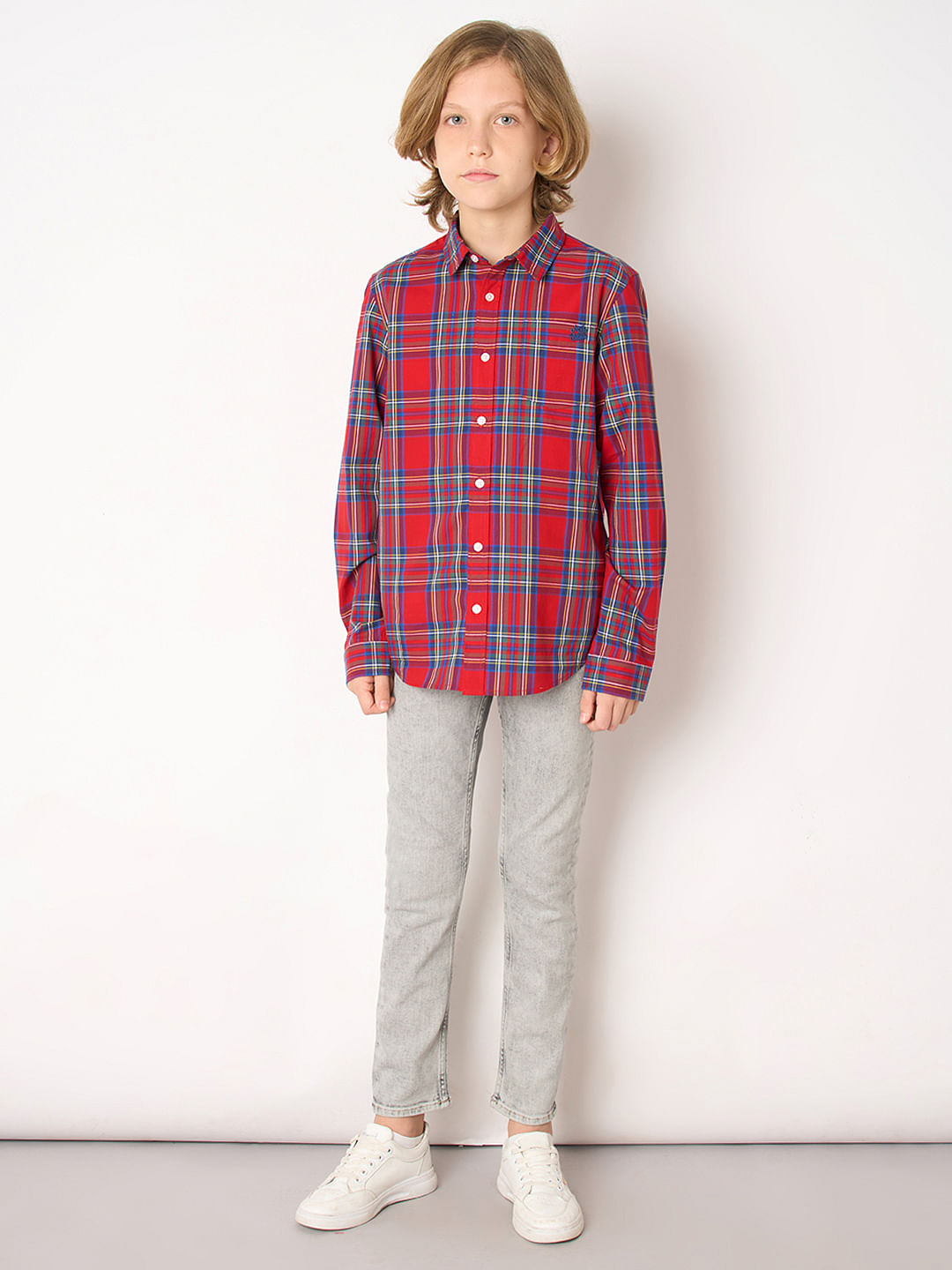 Boys Red Check Full Sleeves Shirt