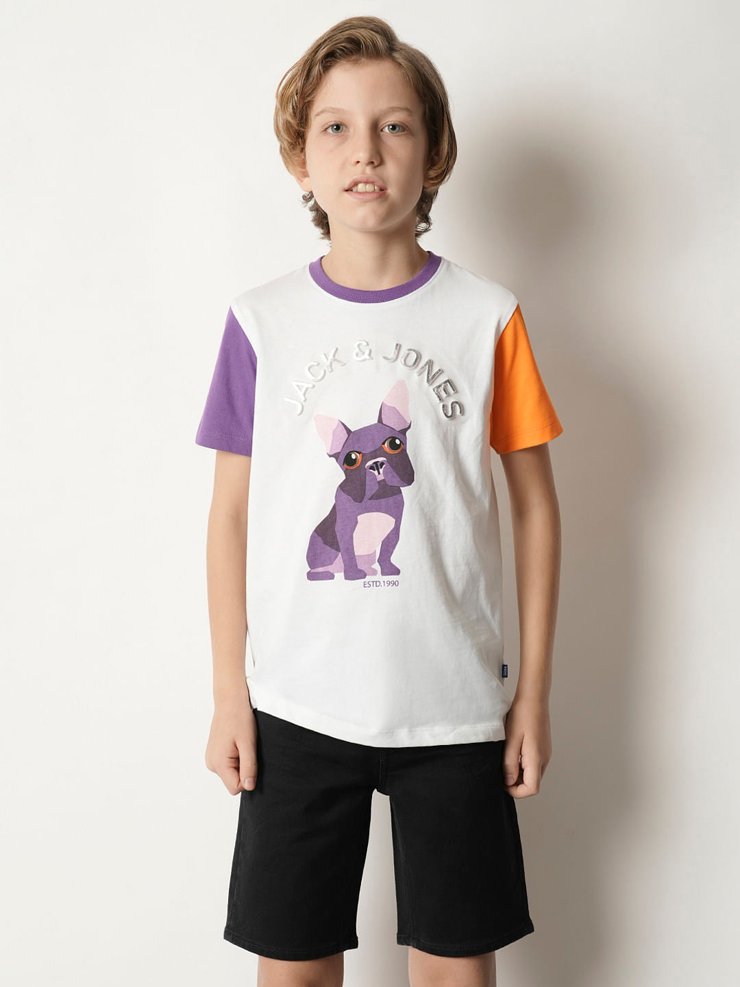 Boys White Colourblocked Crew Neck T-shirt