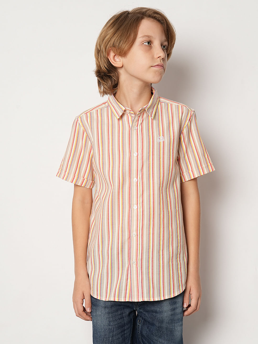 Boys Beige Striped Short Sleeves Shirt