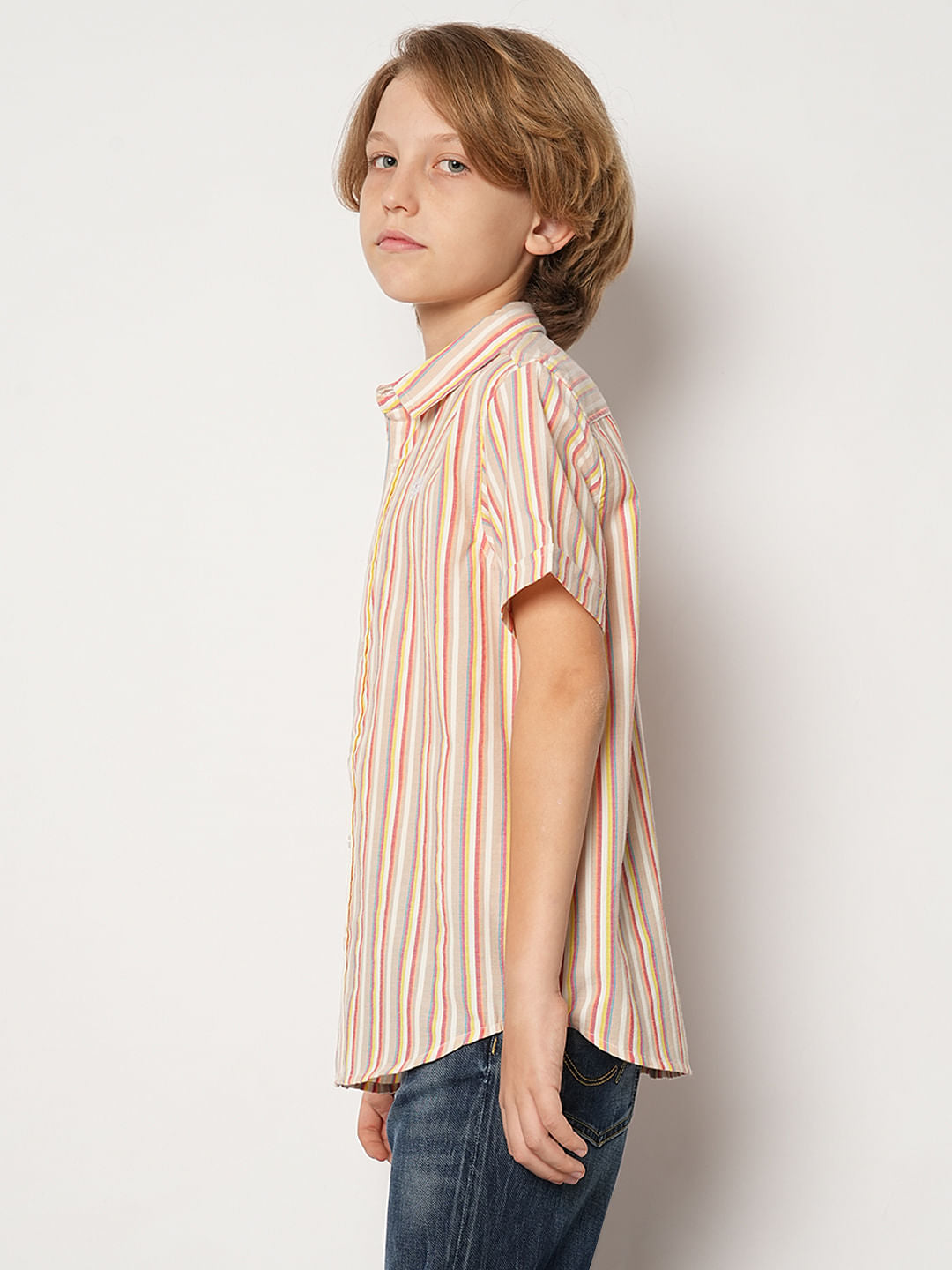 Boys Beige Striped Short Sleeves Shirt