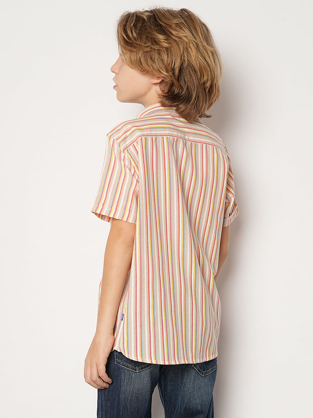 Boys Beige Striped Short Sleeves Shirt