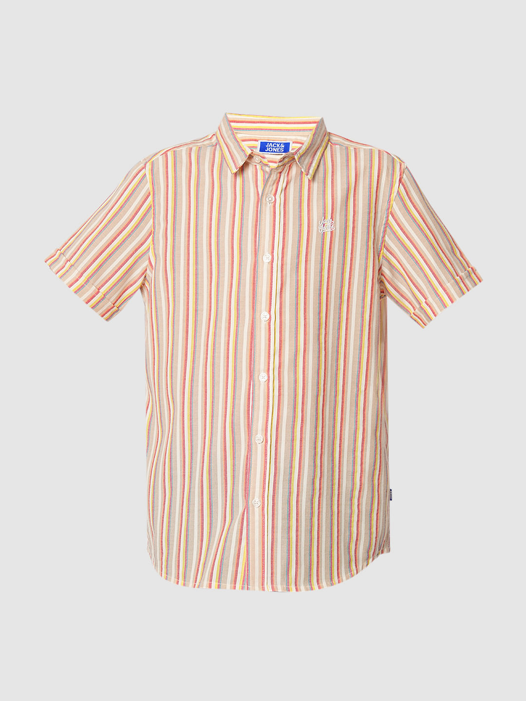 Boys Beige Striped Short Sleeves Shirt