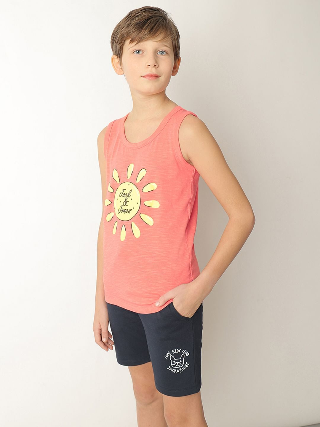 Boys Peach Printed Sleeveless T-shirt