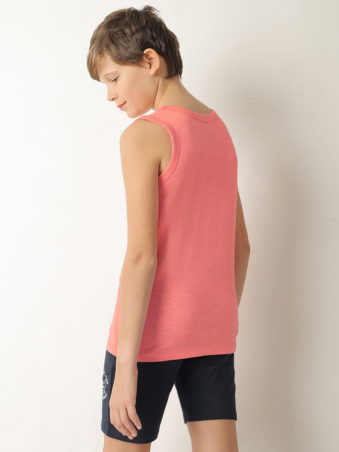 Boys Peach Printed Sleeveless T-shirt