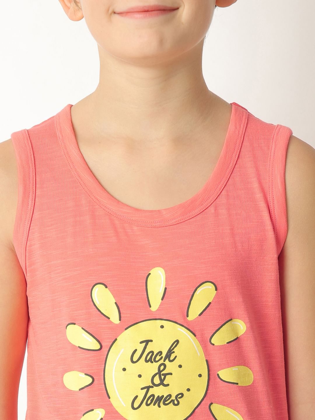 Boys Peach Printed Sleeveless T-shirt
