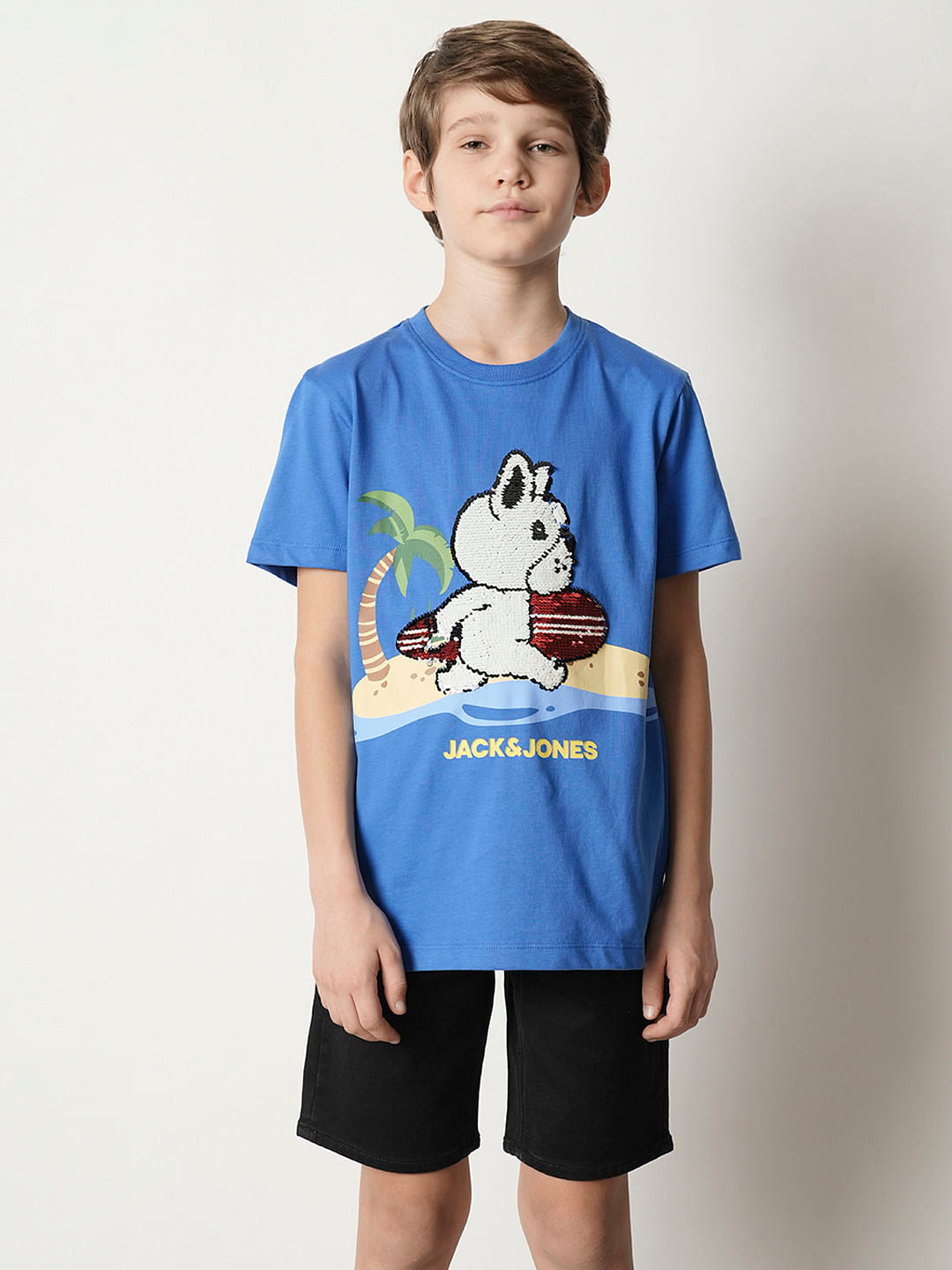 Boys Blue Sequined Graphic T-shirt