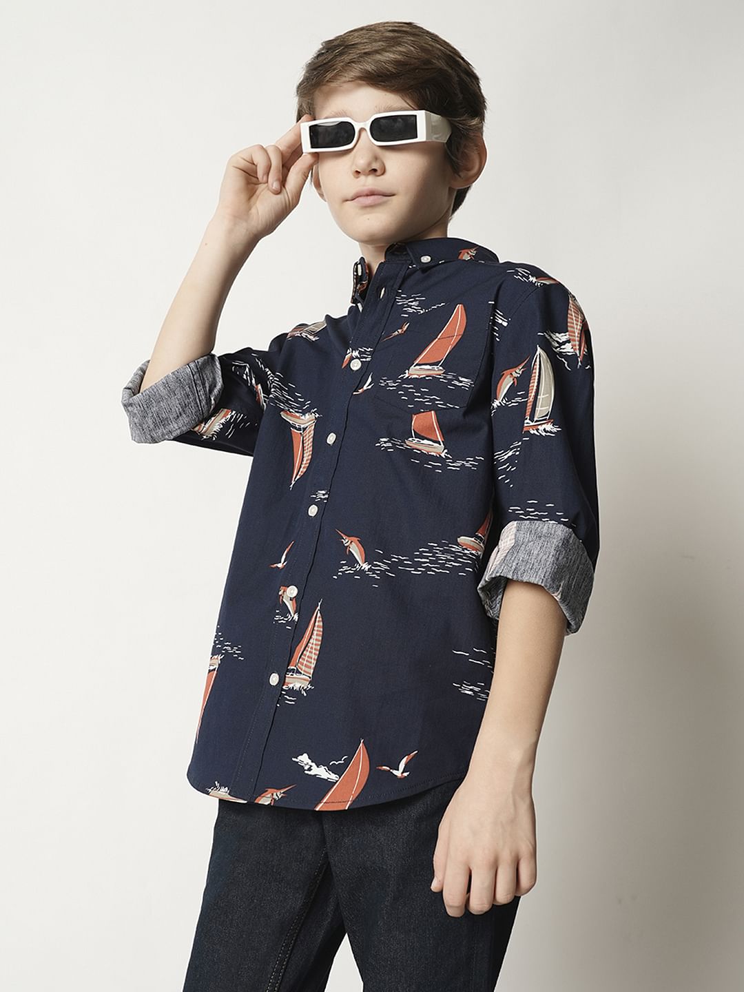 Boys Blue Boat Print Full Sleeves Shirt