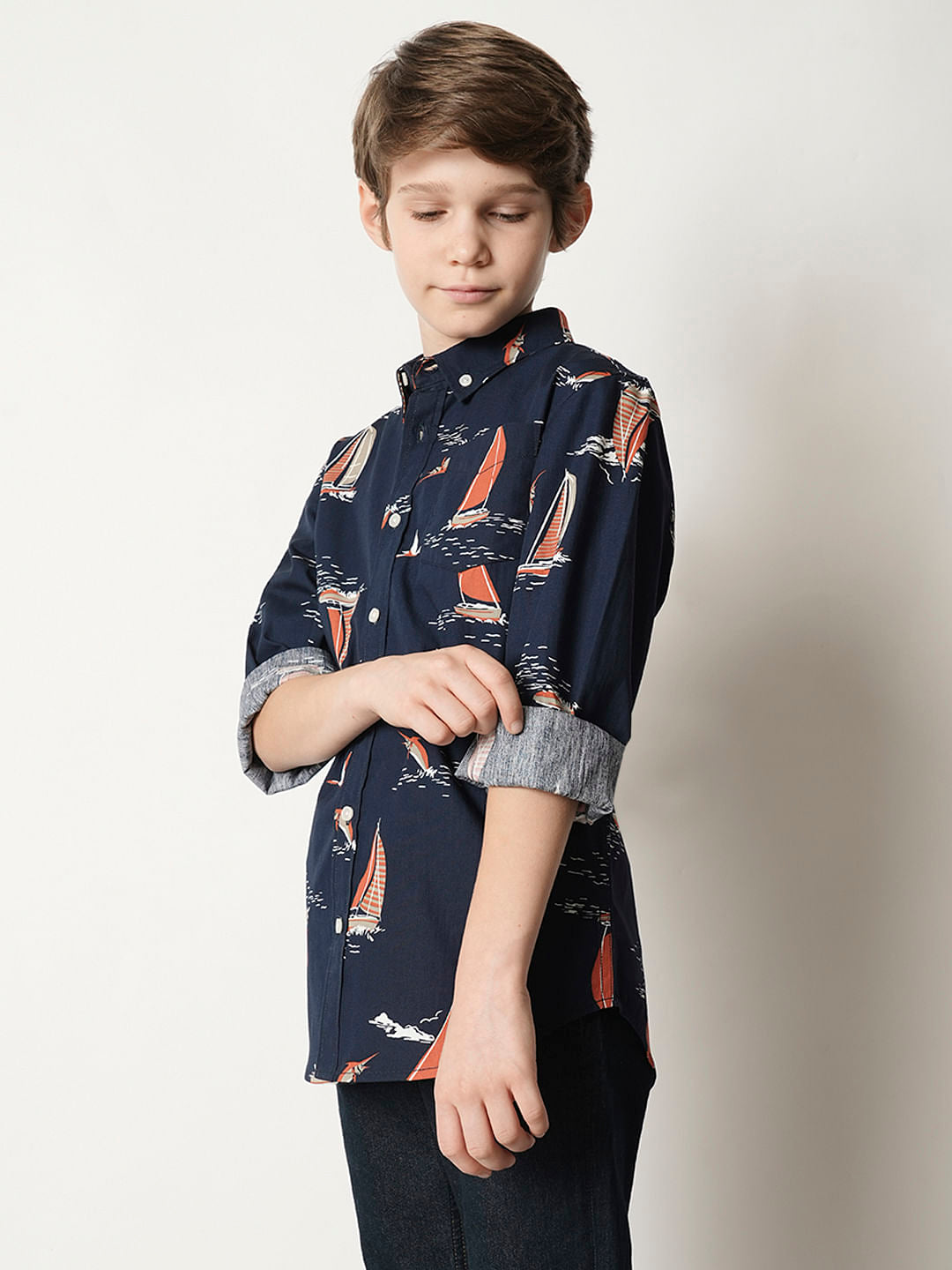 Boys Blue Boat Print Full Sleeves Shirt
