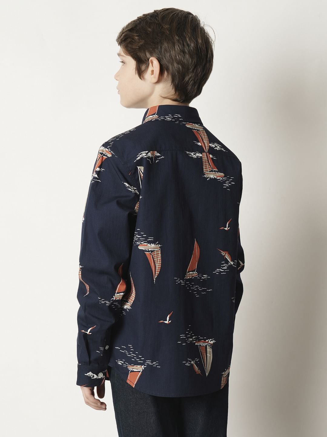 Boys Blue Boat Print Full Sleeves Shirt