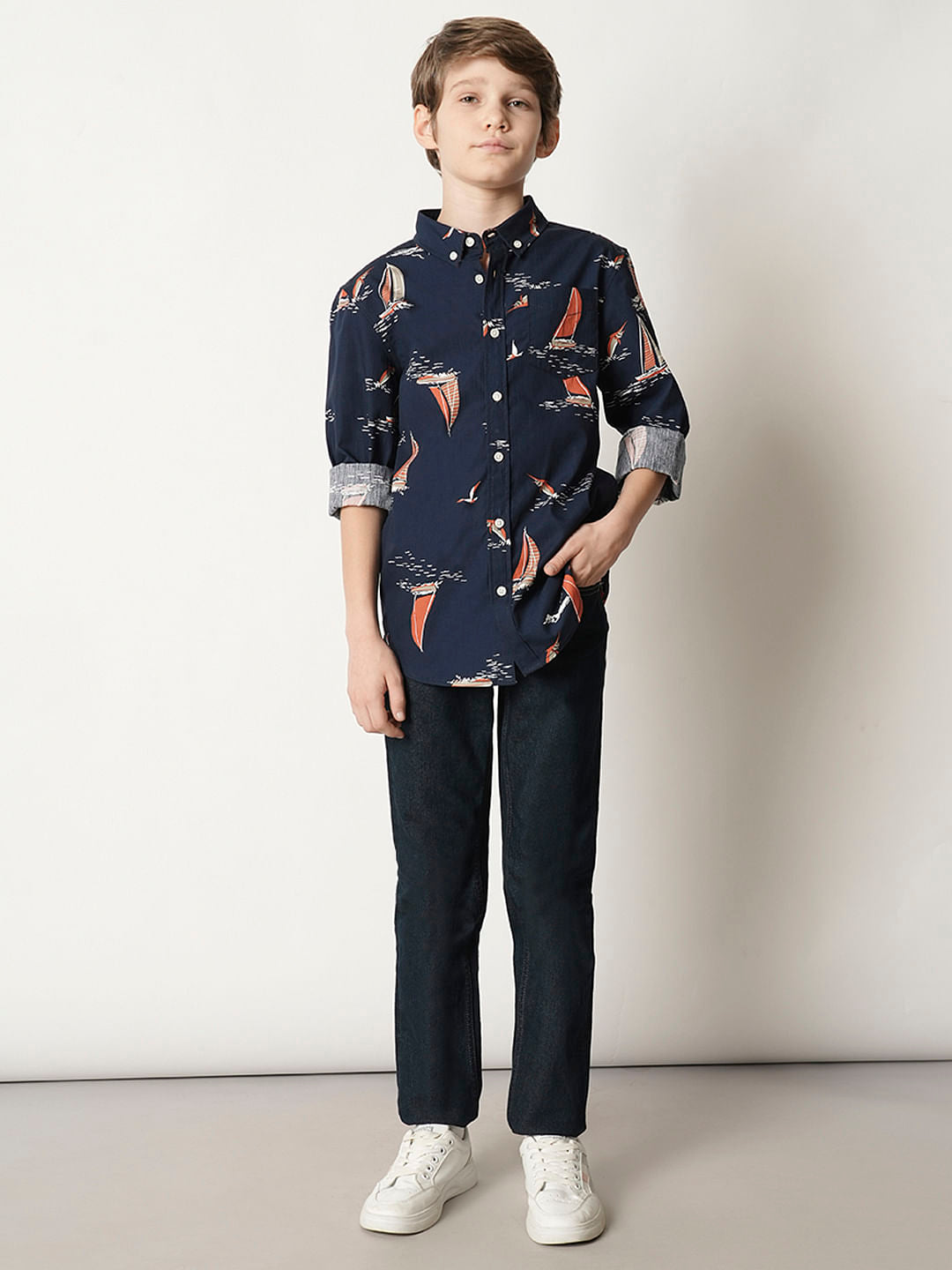 Boys Blue Boat Print Full Sleeves Shirt
