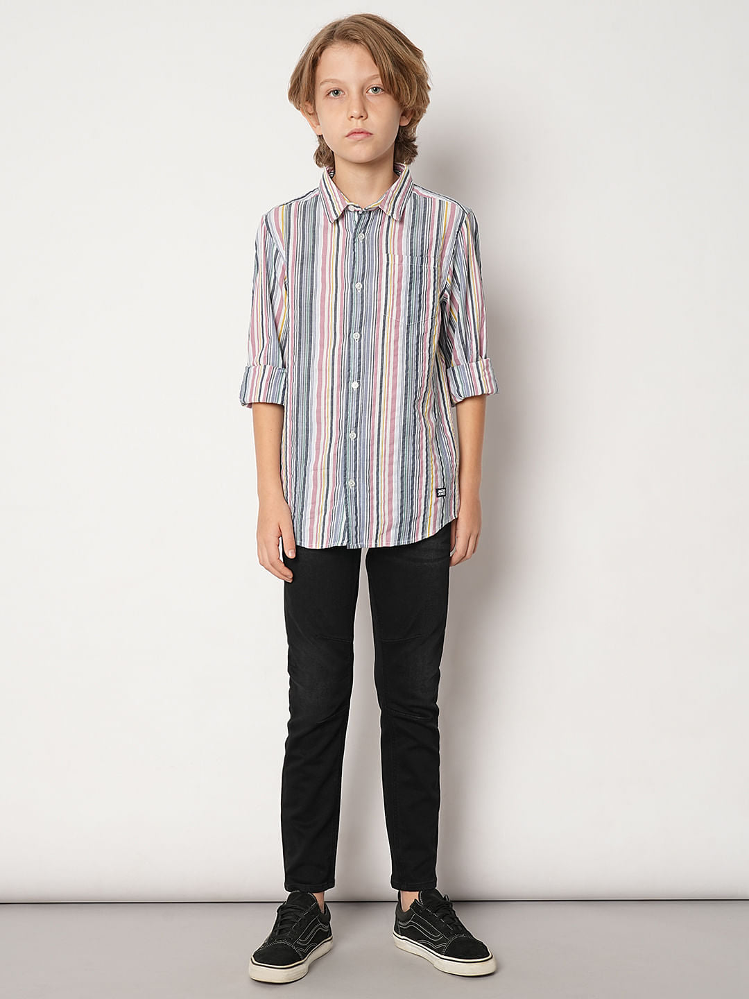 Boys White Striped Full Sleeves Shirt