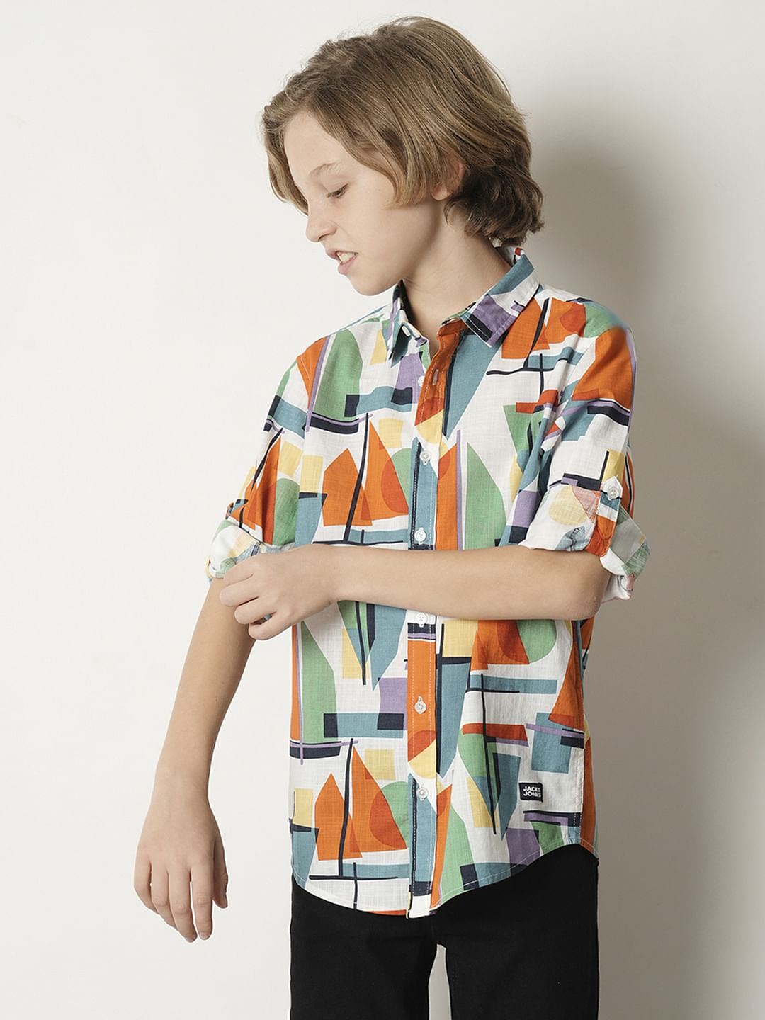 Boys Orange Abstract Print Full Sleeves Shirt