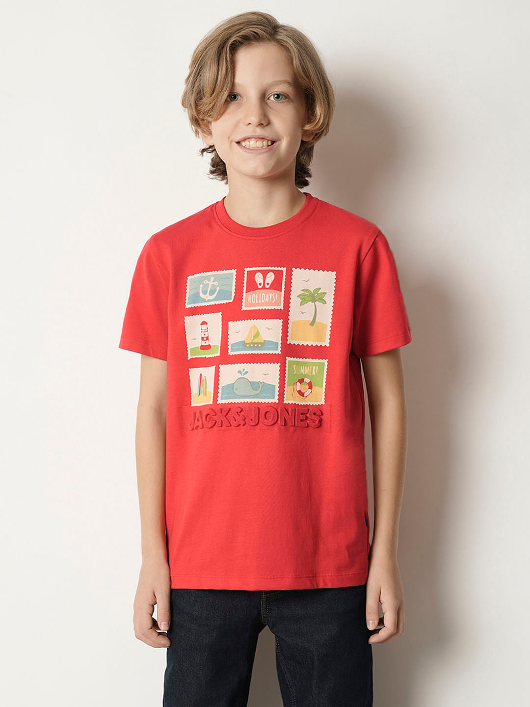 Boys Red Stamp Print Crew Neck T-shirt