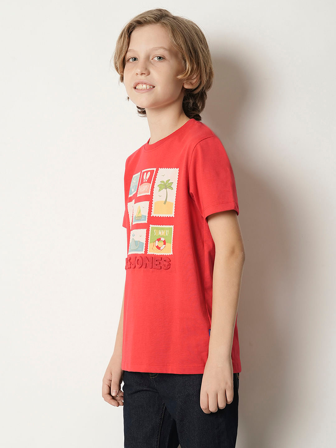 Boys Red Stamp Print Crew Neck T-shirt