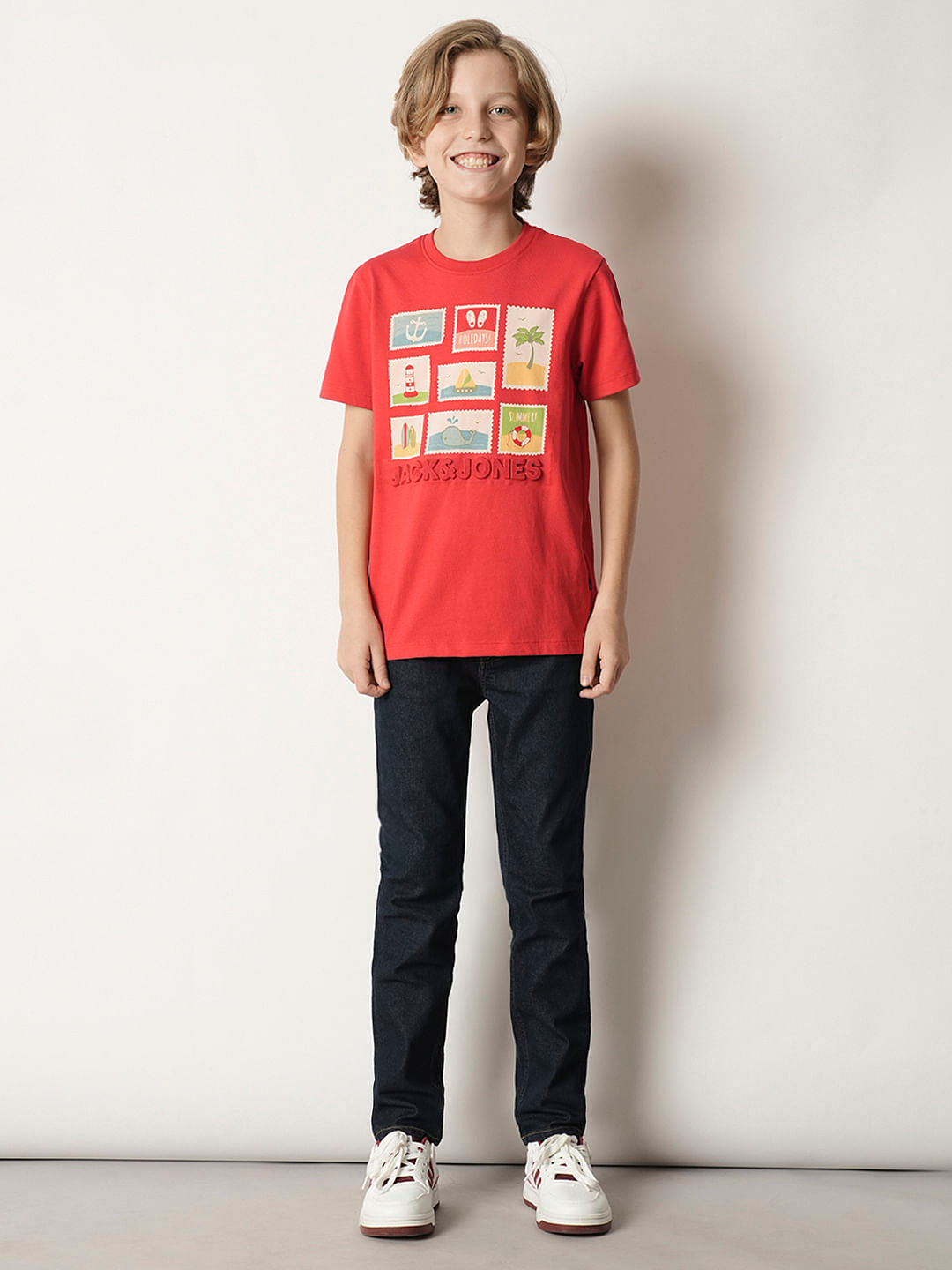 Boys Red Stamp Print Crew Neck T-shirt