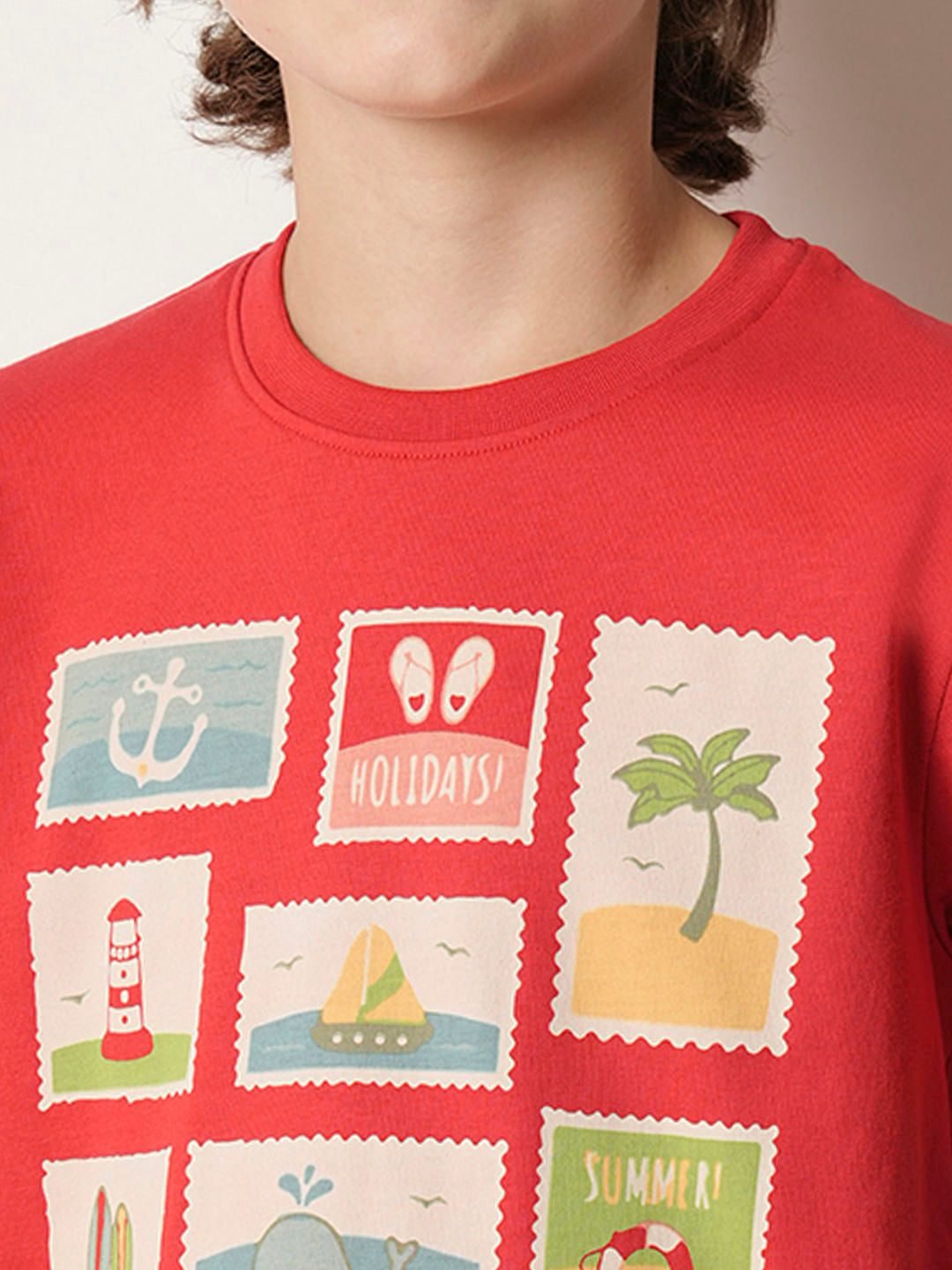 Boys Red Stamp Print Crew Neck T-shirt
