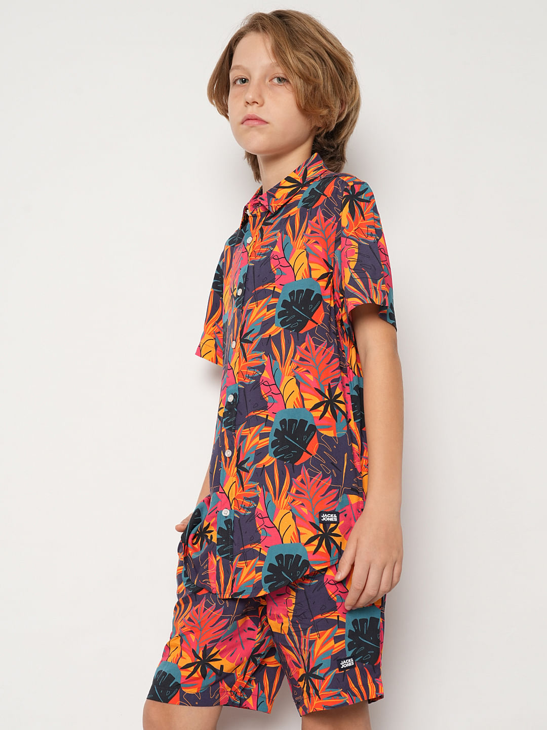 Boys Purple Tropical Print Co-ord Set Shirt