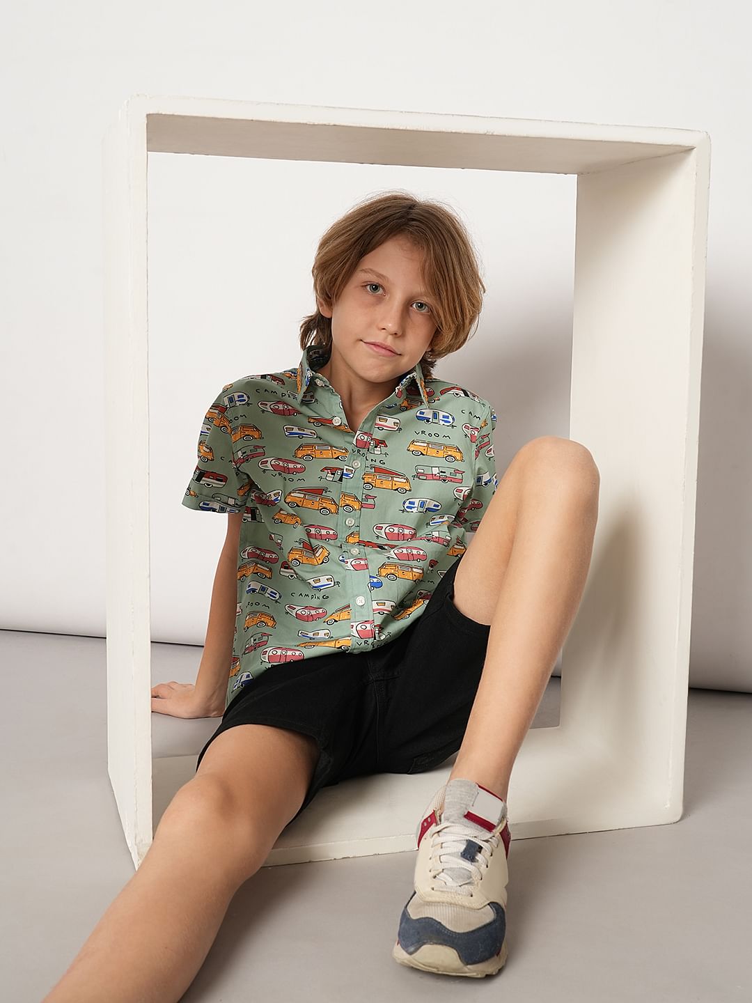 Boys Blue Green Car Print Shirt