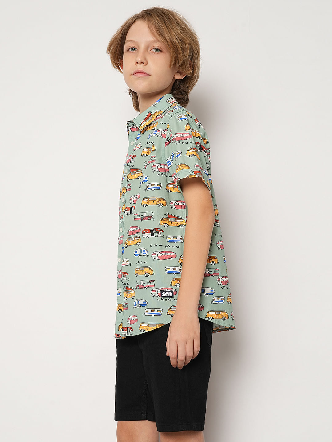 Boys Blue Green Car Print Shirt