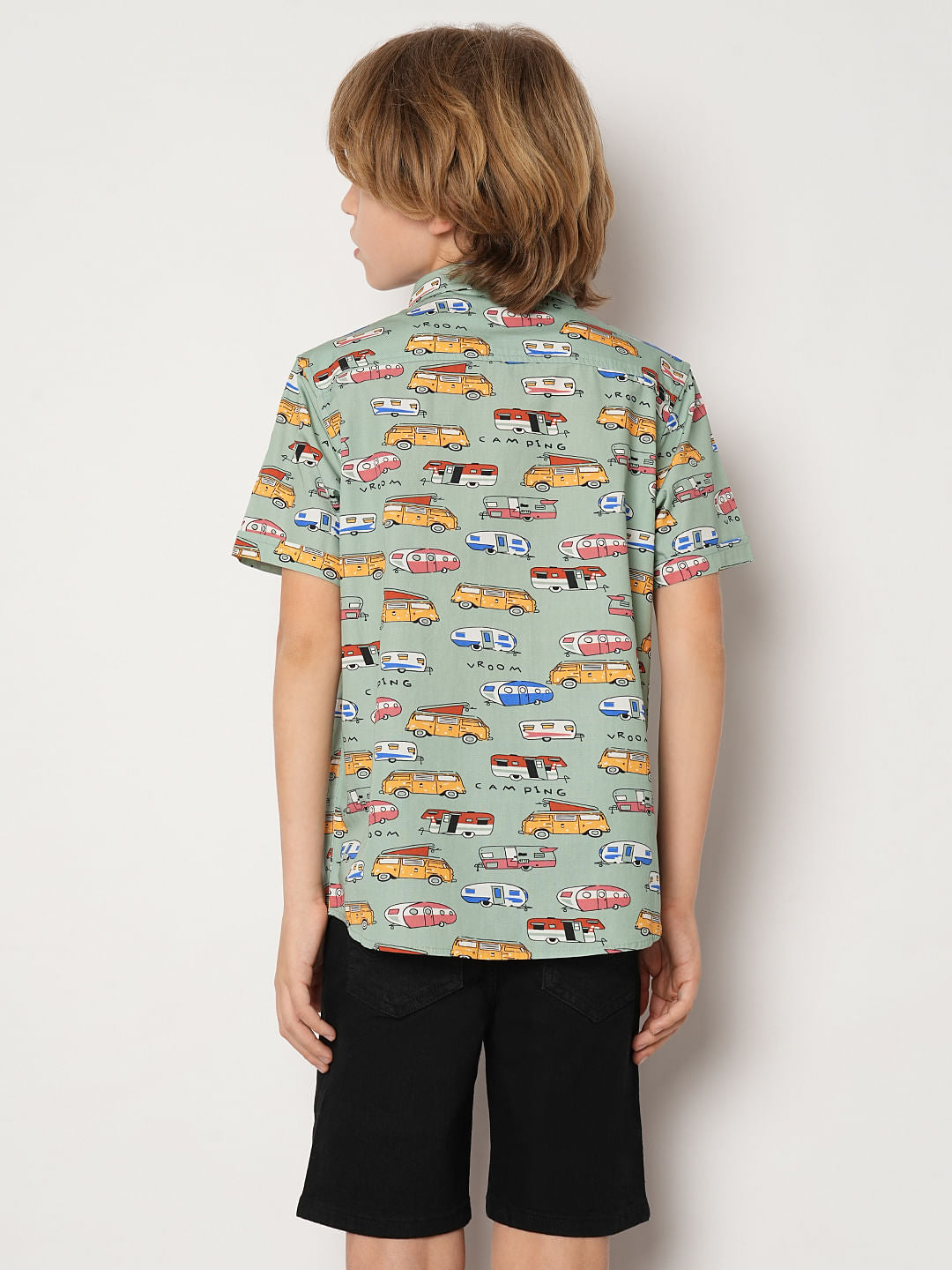 Boys Blue Green Car Print Shirt