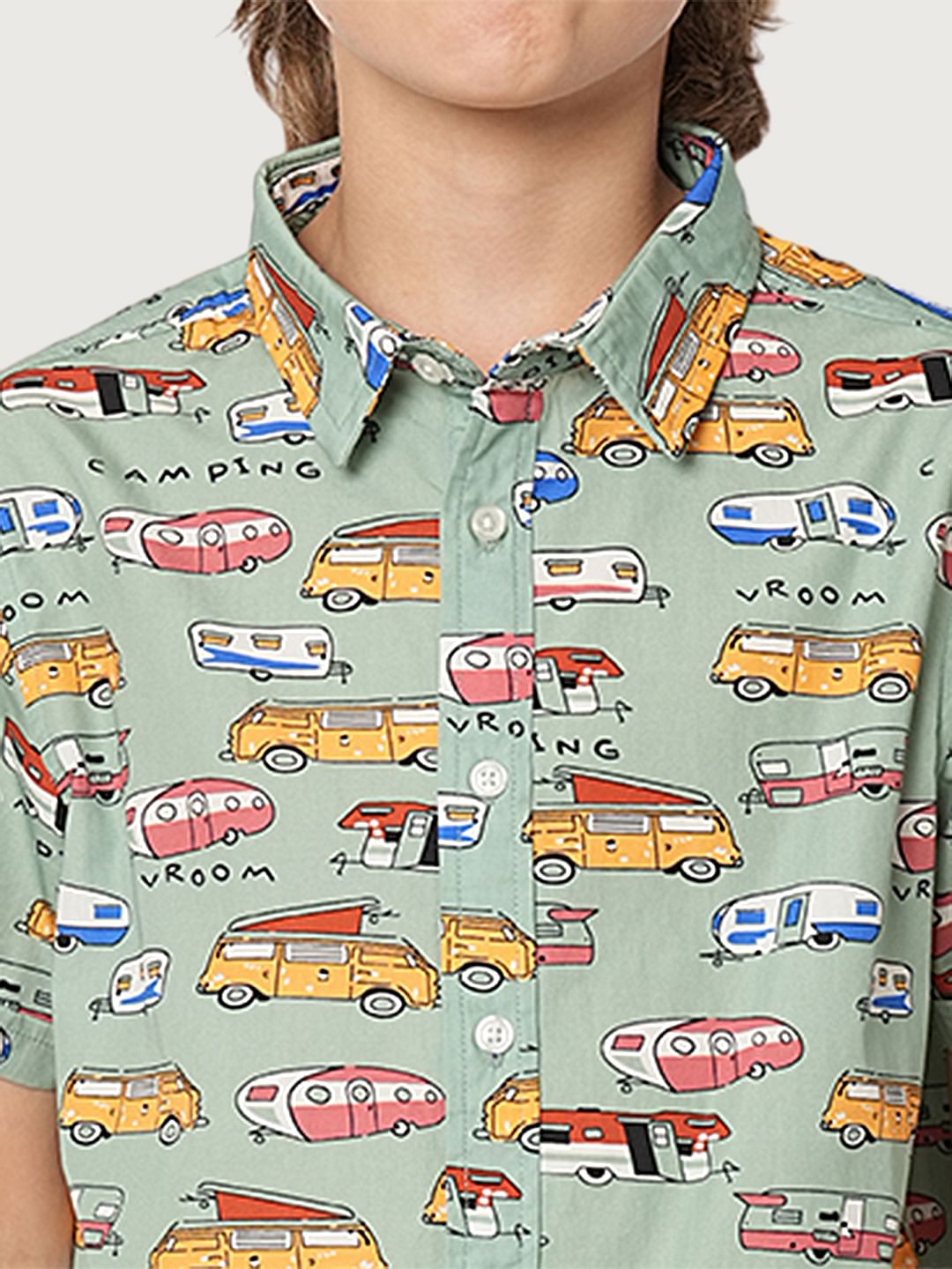 Boys Blue Green Car Print Shirt