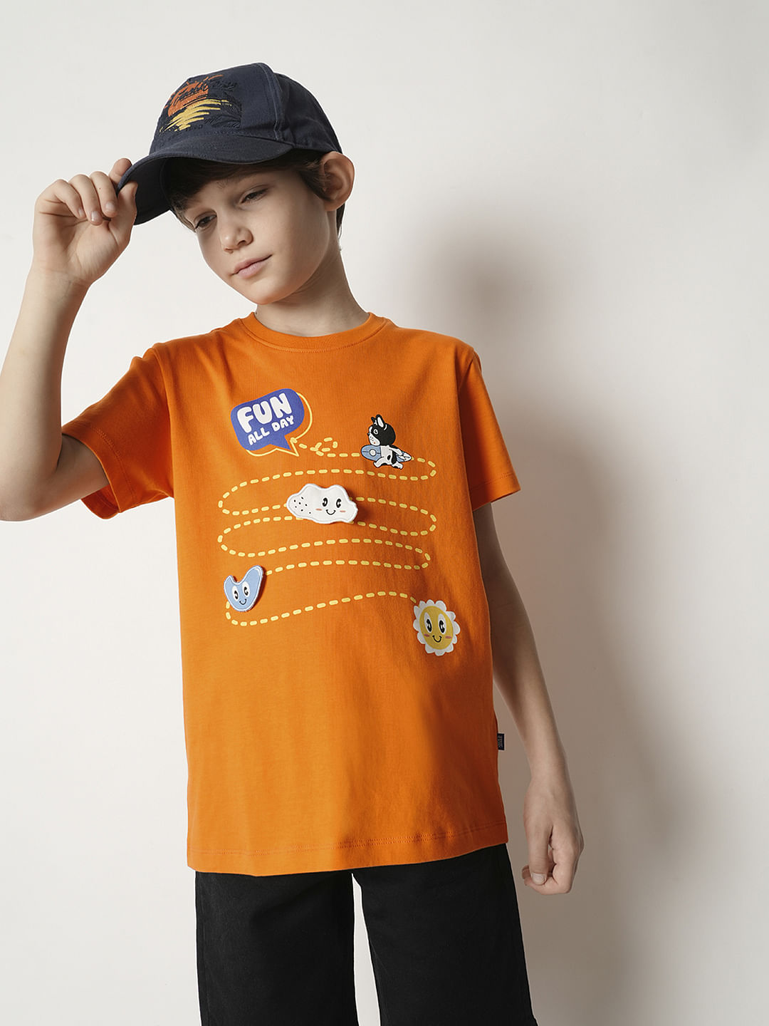 Boys Orange Motif Print T-shirt