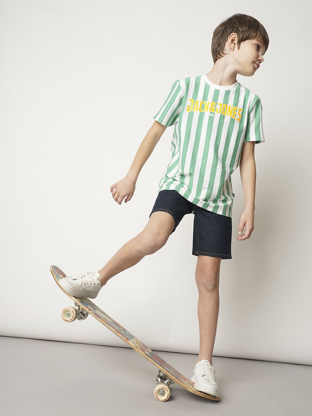 Boys Green Striped Crew Neck T-shirt