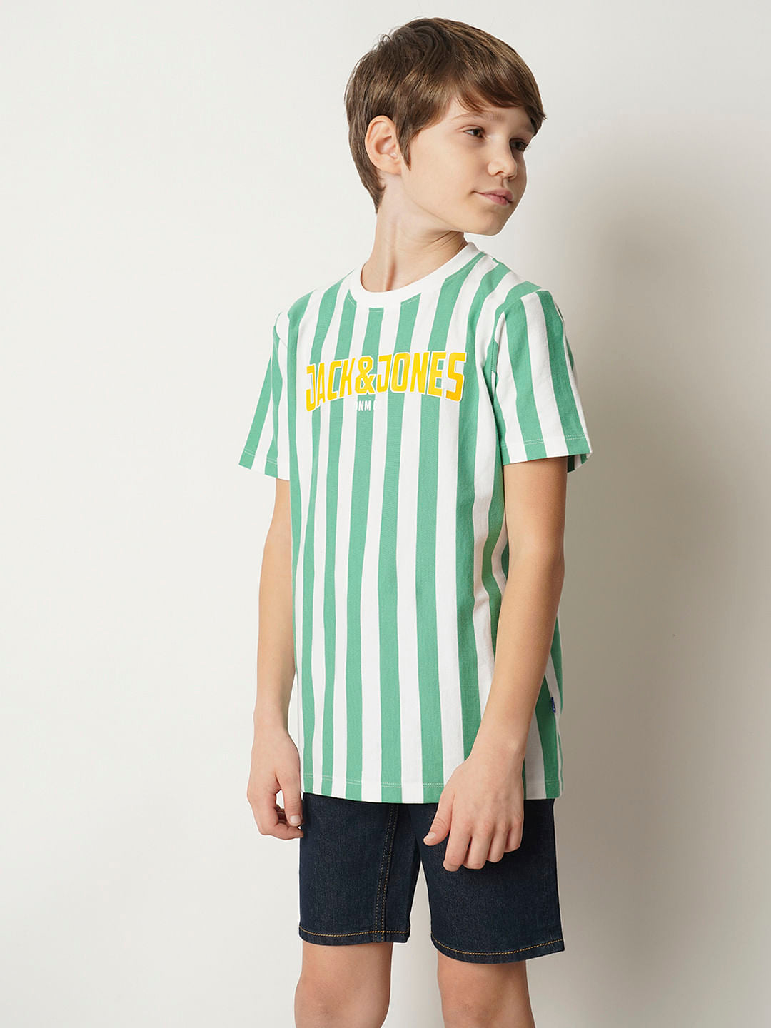 Boys Green Striped Crew Neck T-shirt