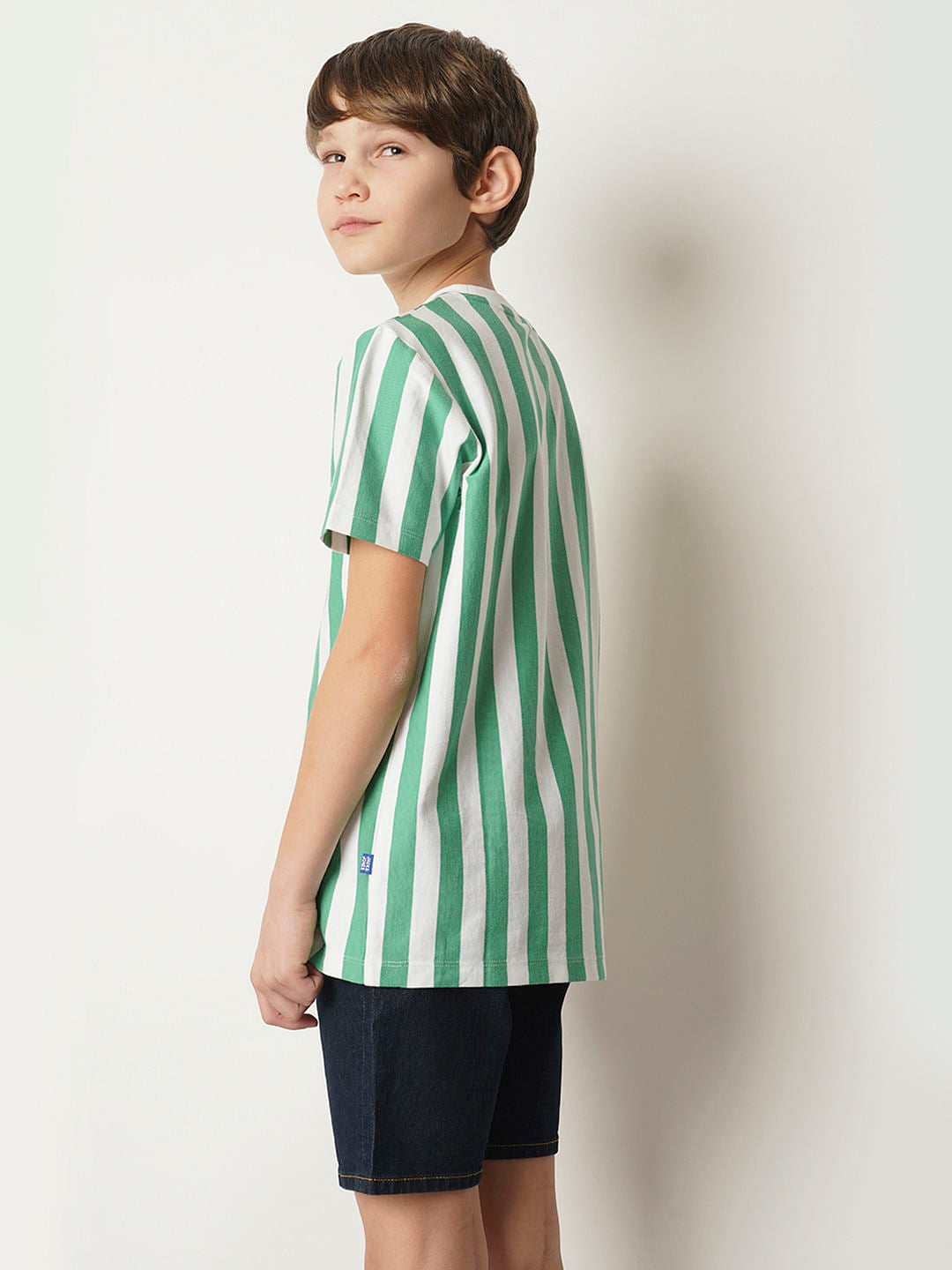 Boys Green Striped Crew Neck T-shirt