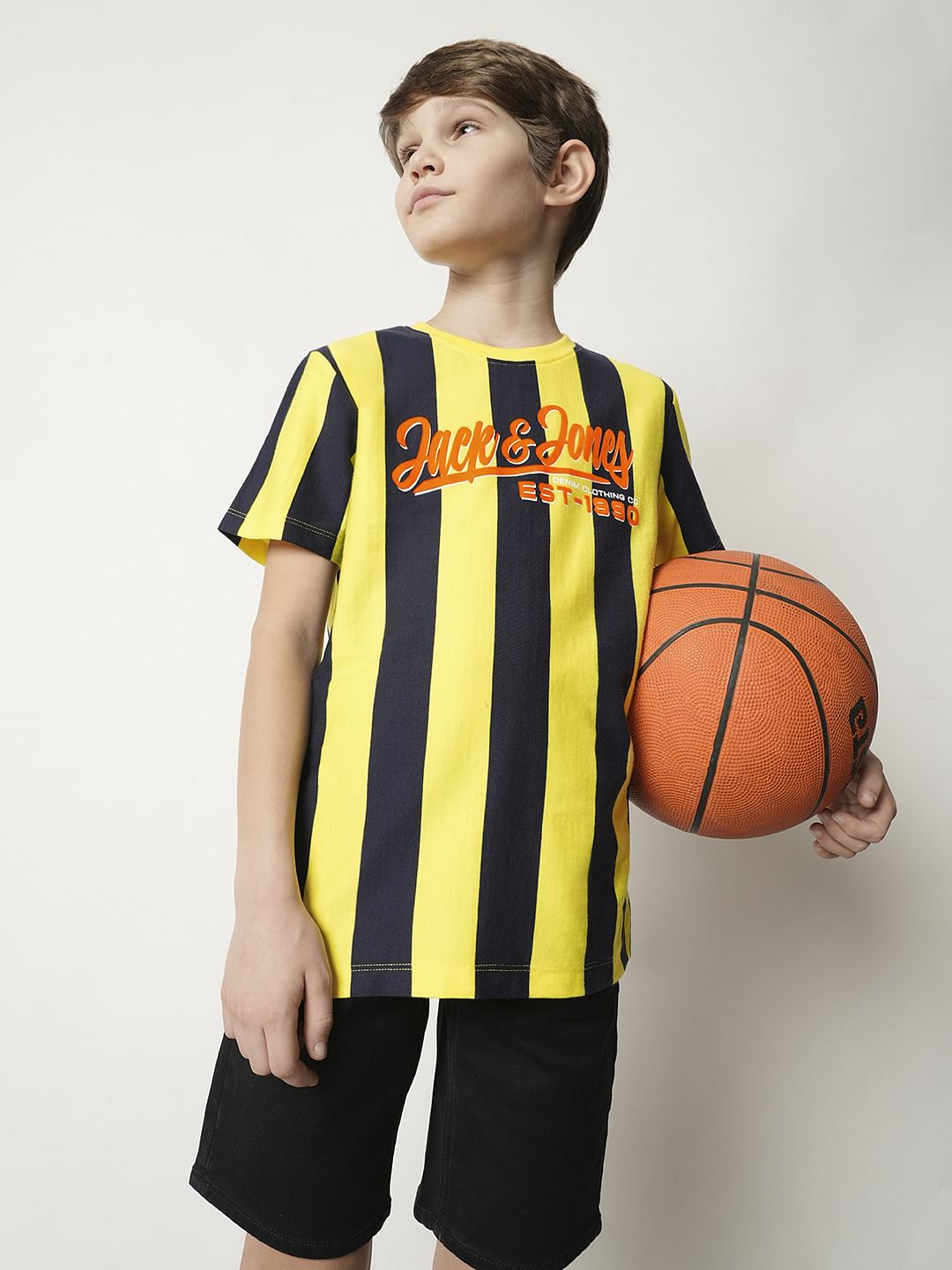 Boys Yellow Striped Crew Neck T-shirt