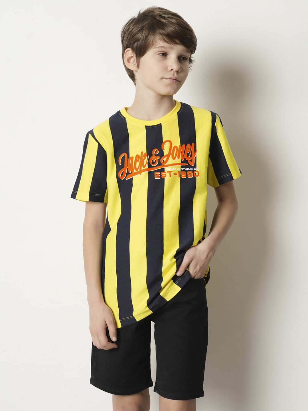 Boys Yellow Striped Crew Neck T-shirt