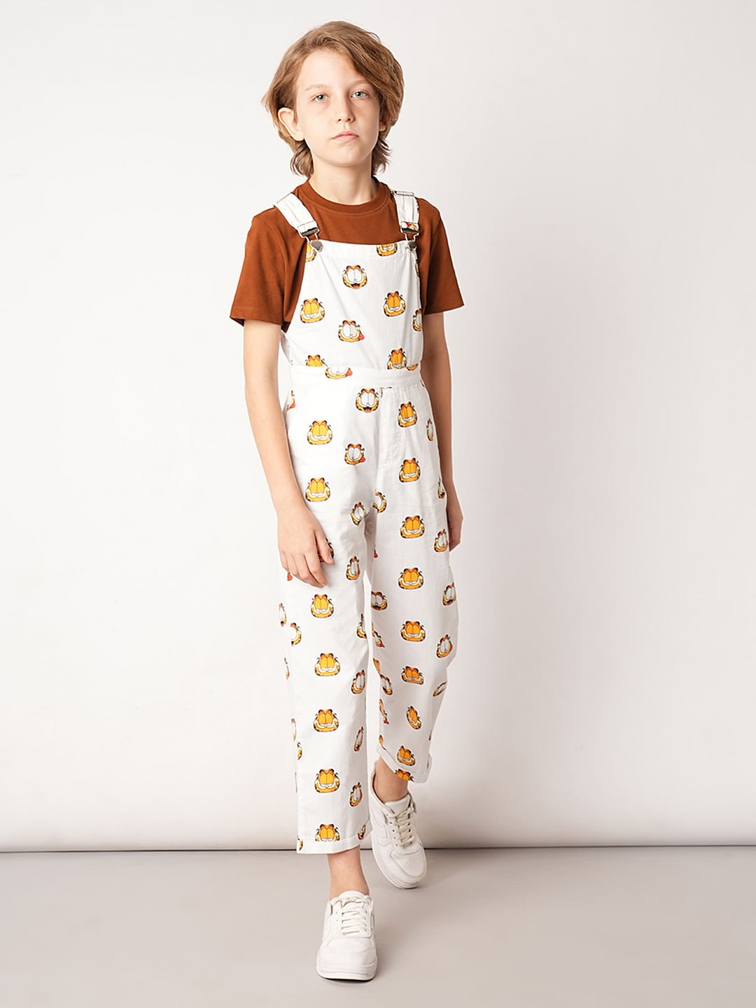 Boys White Garfield Print Dungaree