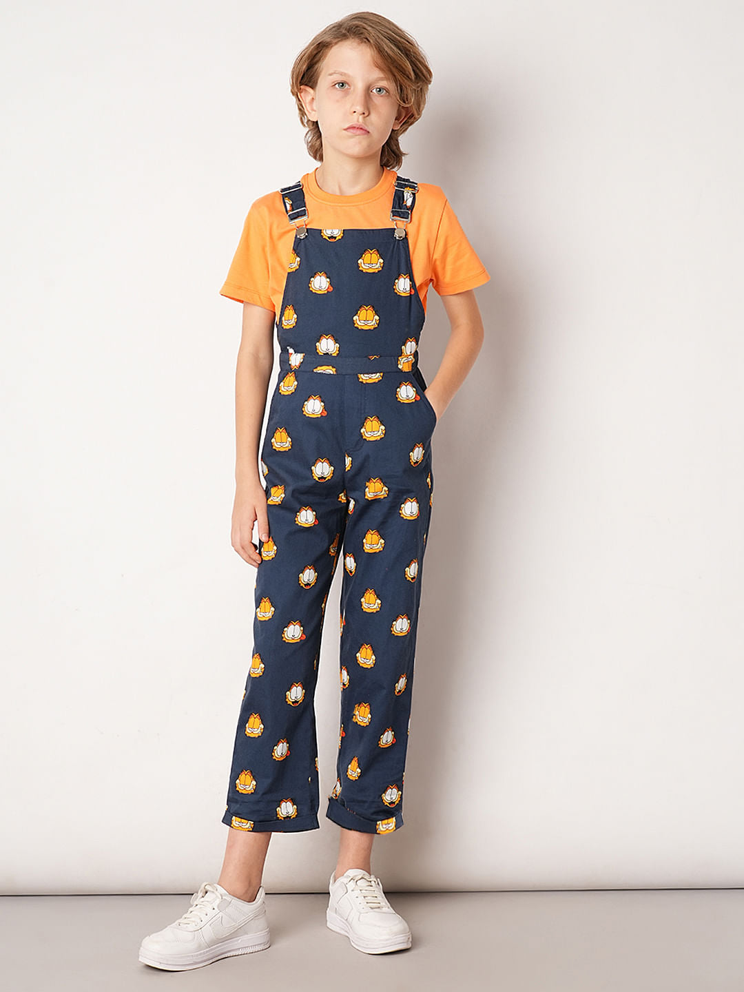 Boys Dark Blue Garfield Print Dungaree