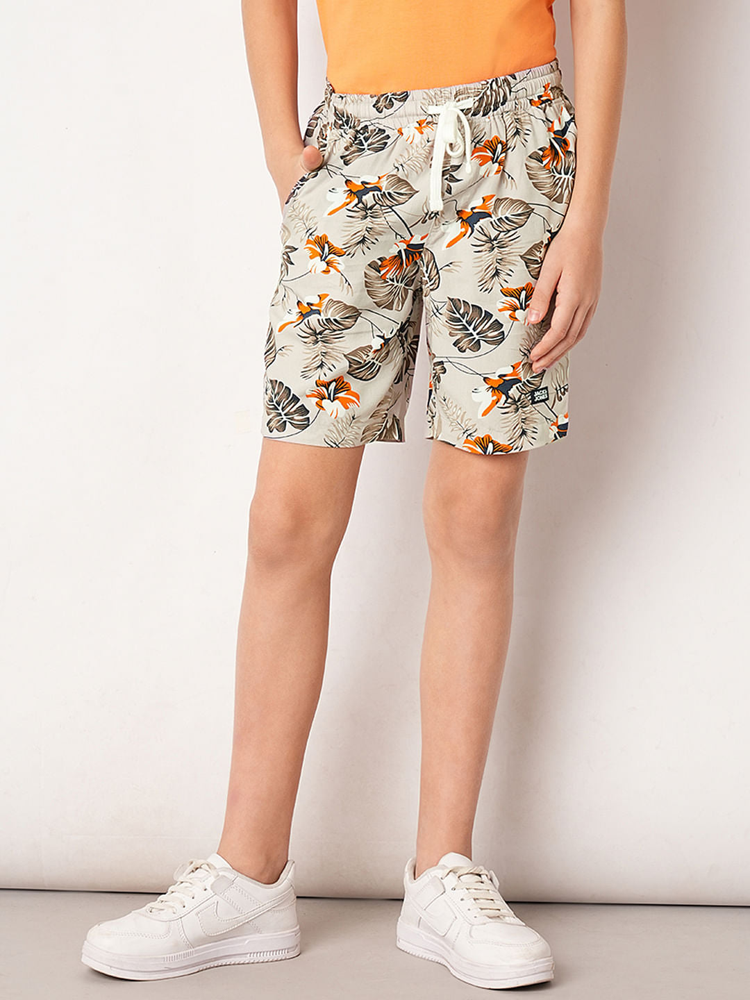 Beige Tropical Print Shorts