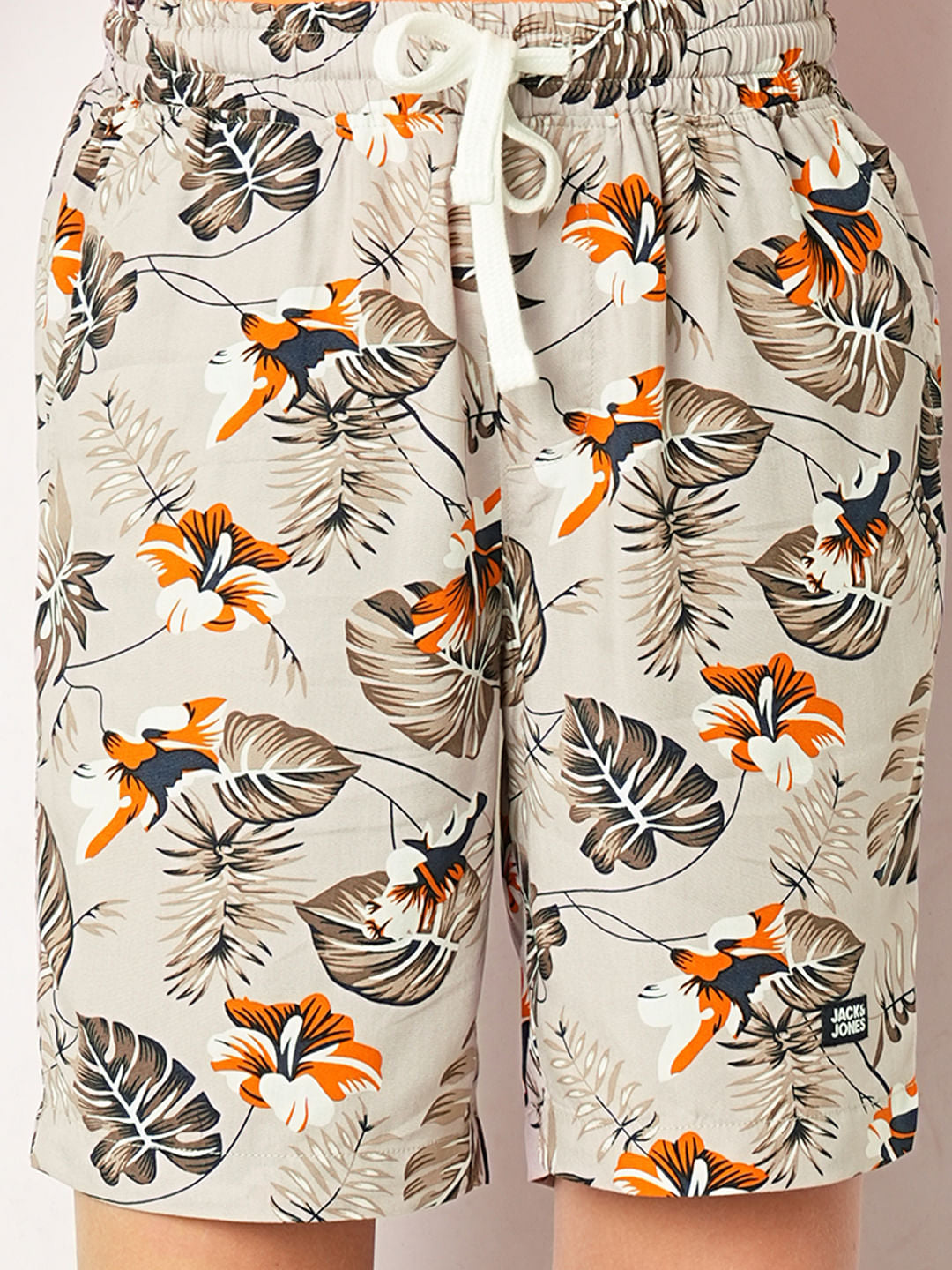 Beige Tropical Print Shorts