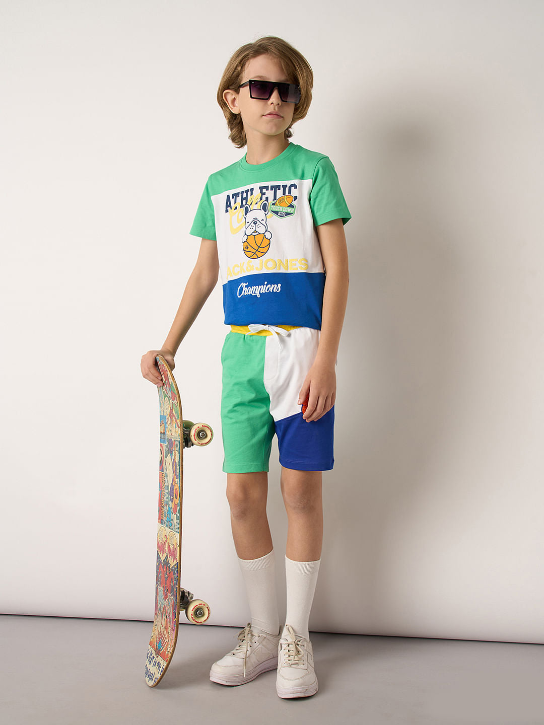 Boys Green Colourblocked Co-ord Set Shorts