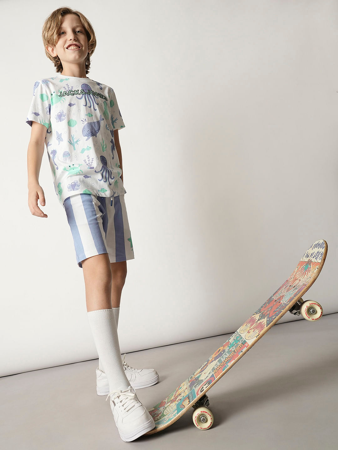 Boys White Striped Co-ord Set Shorts