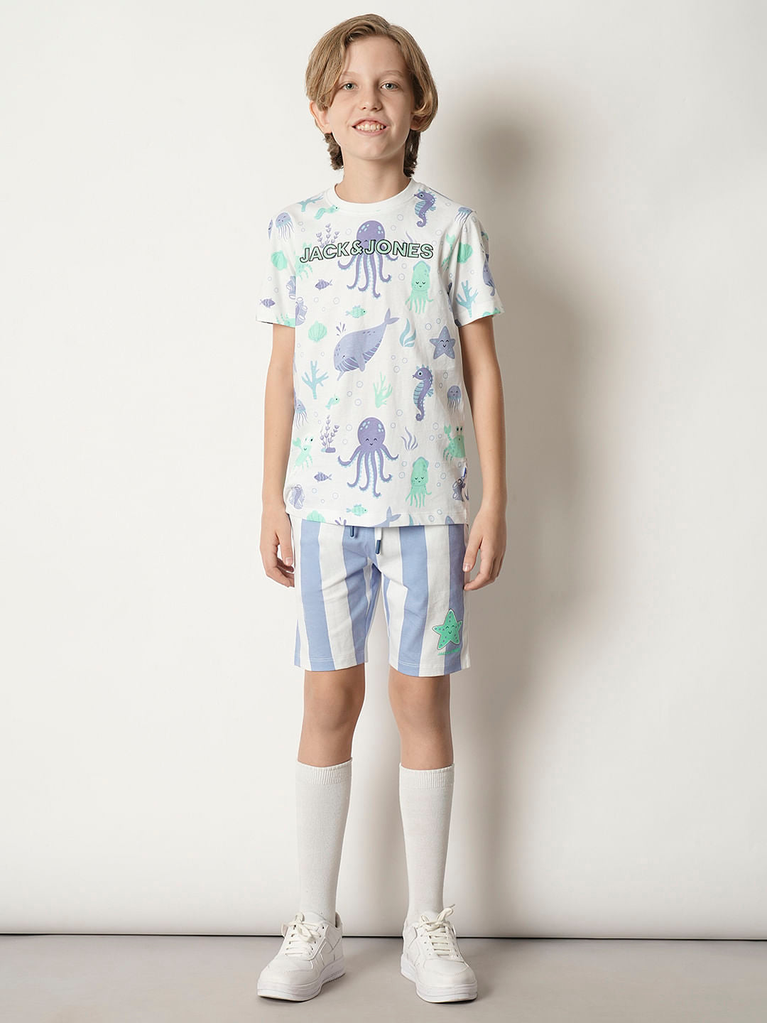 Boys White Striped Co-ord Set Shorts