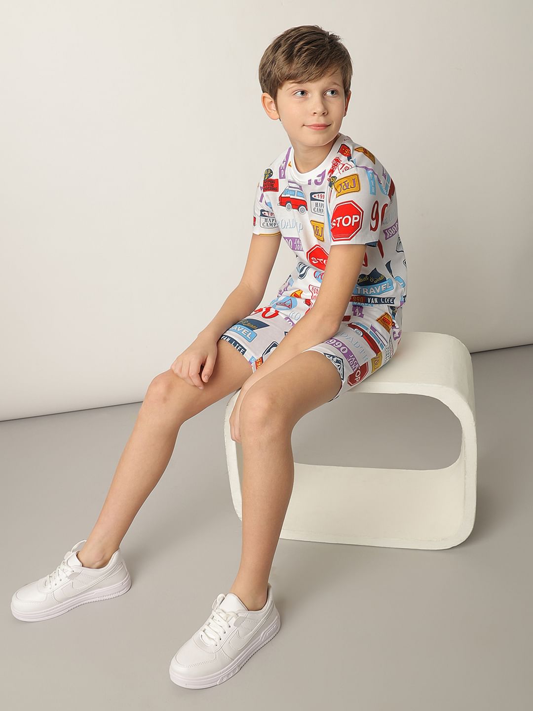 Boys White Sticker Print Co-ord Set Shorts
