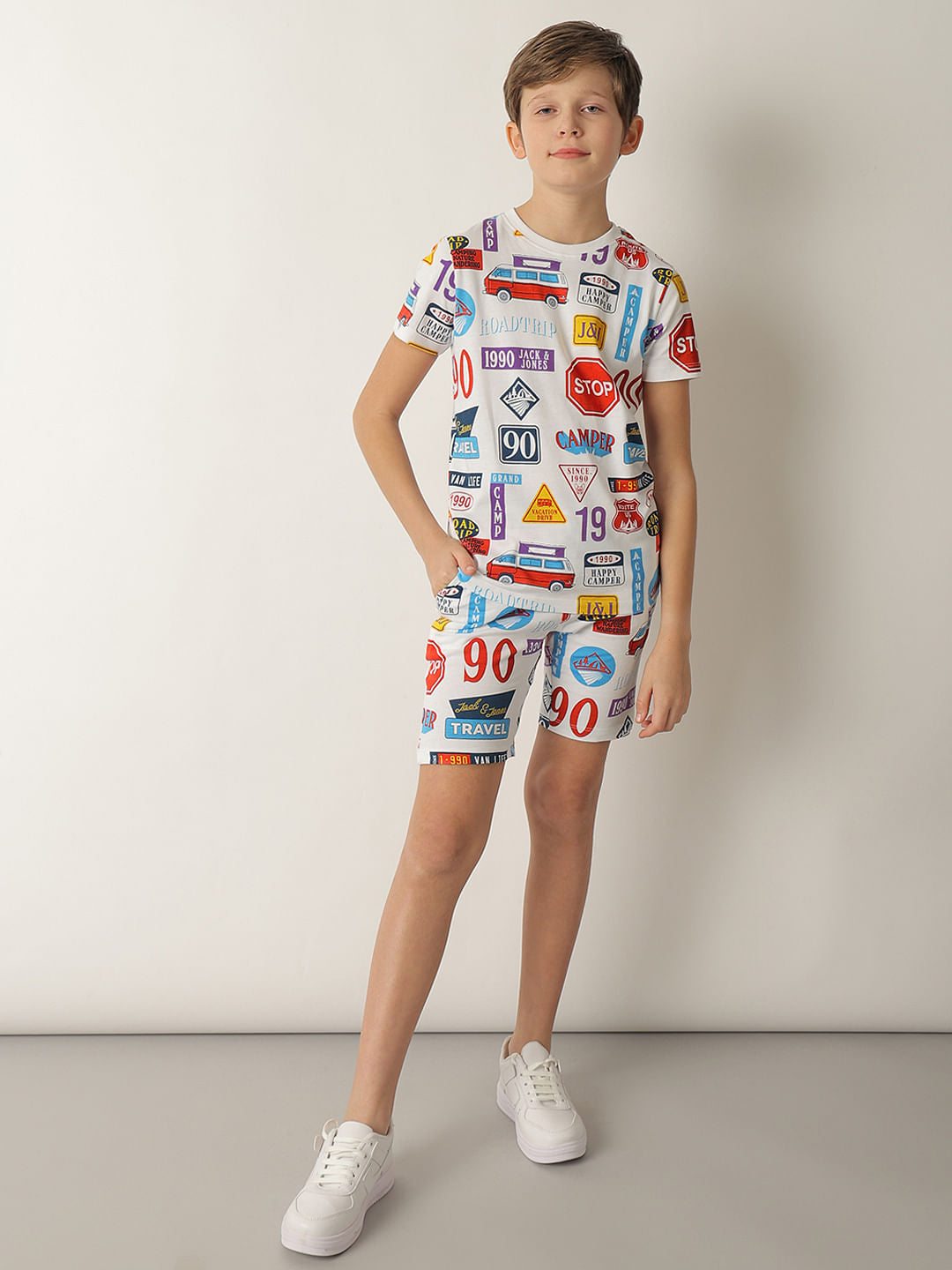 Boys White Sticker Print Co-ord Set Shorts