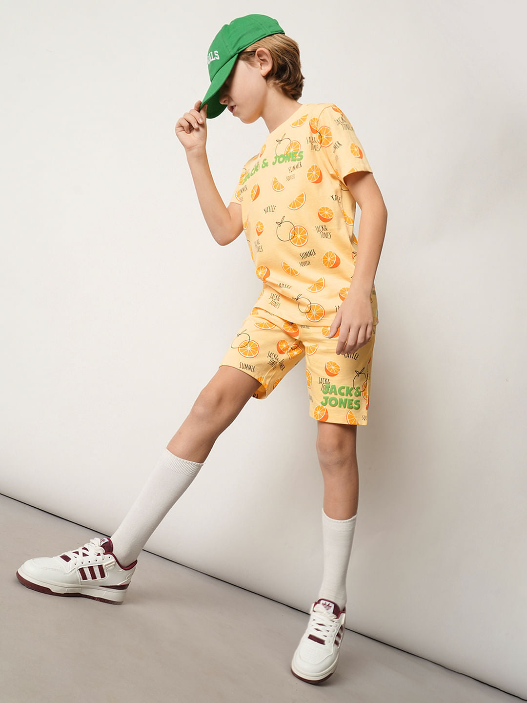 Boys Orange Fruits Print Co-ord Set Shorts