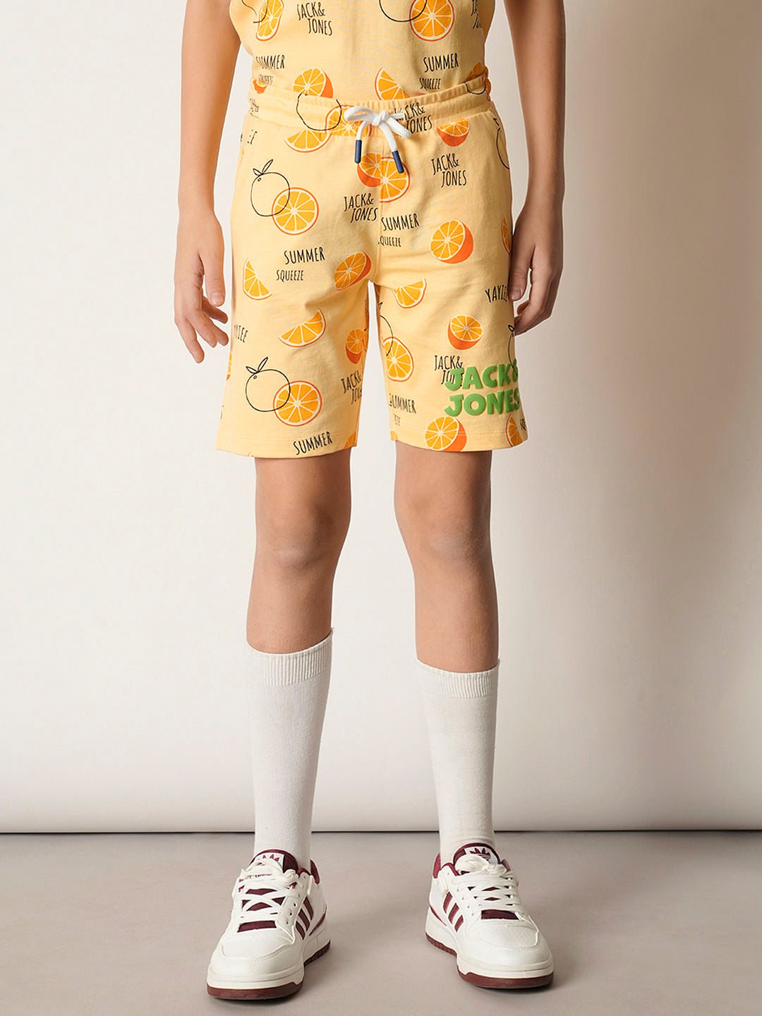 Boys Orange Fruits Print Co-ord Set Shorts