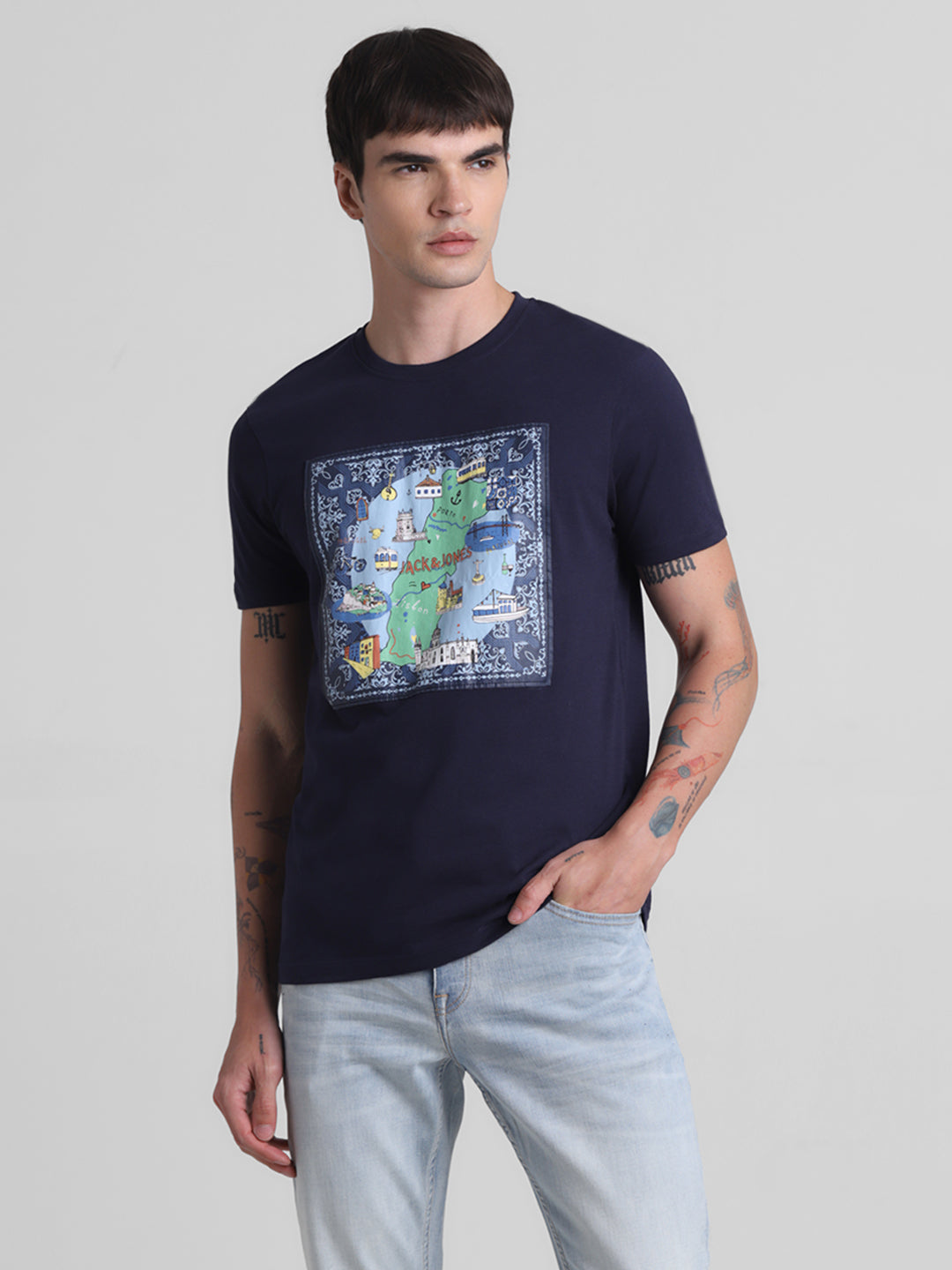 Navy Applique Patchwork Print T-shirt
